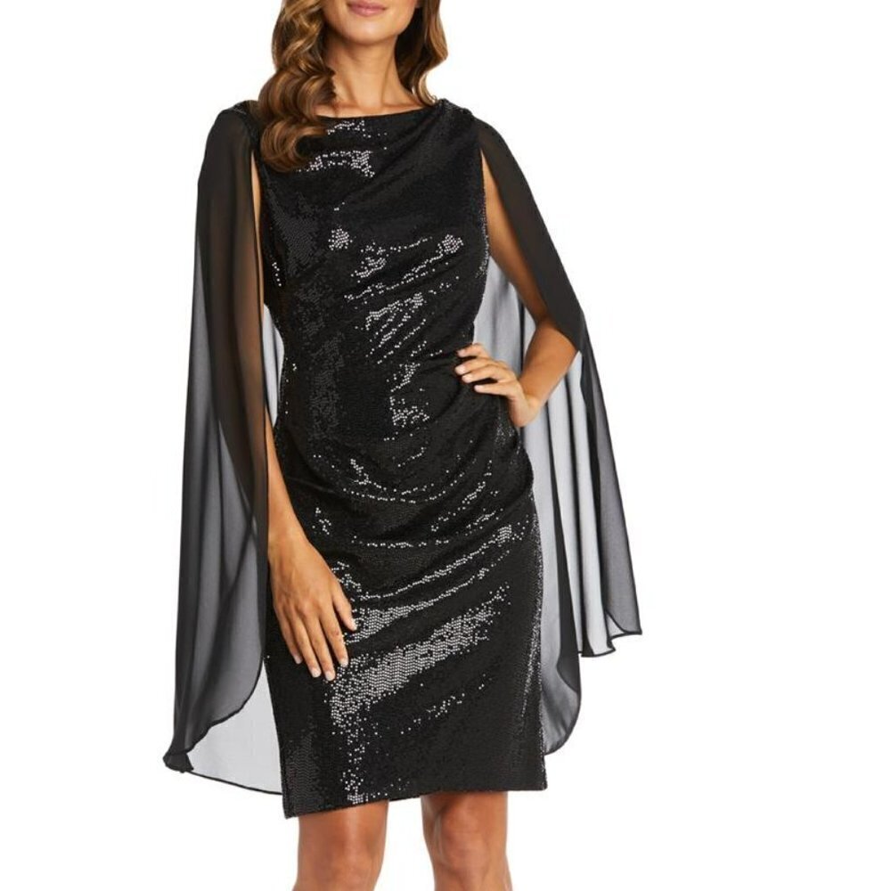 R&M Richards Black Sequin Glitter Formal Evening Prom Dress Lace Overlay, Sz 6